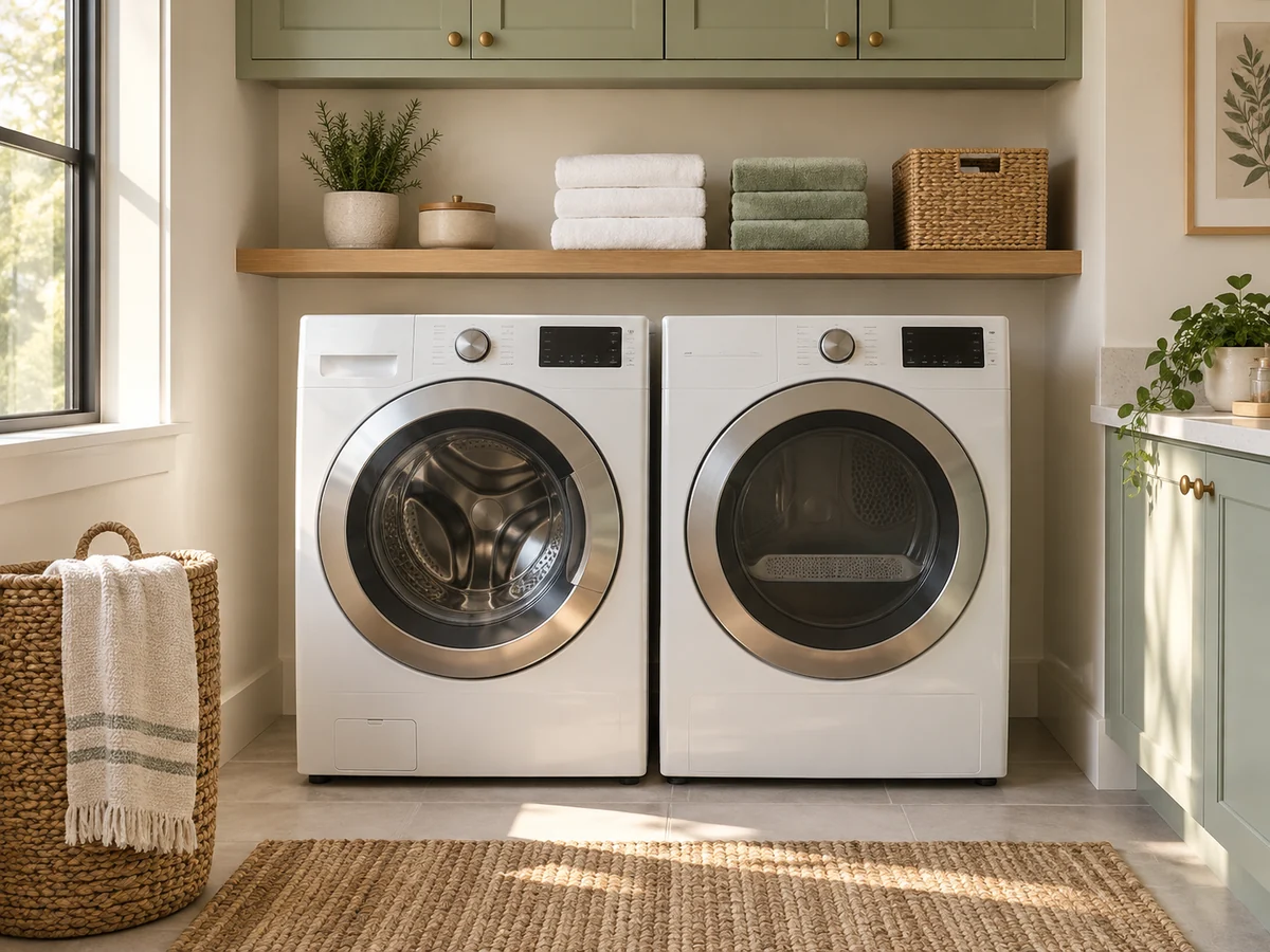 Front-load washer and dryer in a bright laundry room with a folded towel