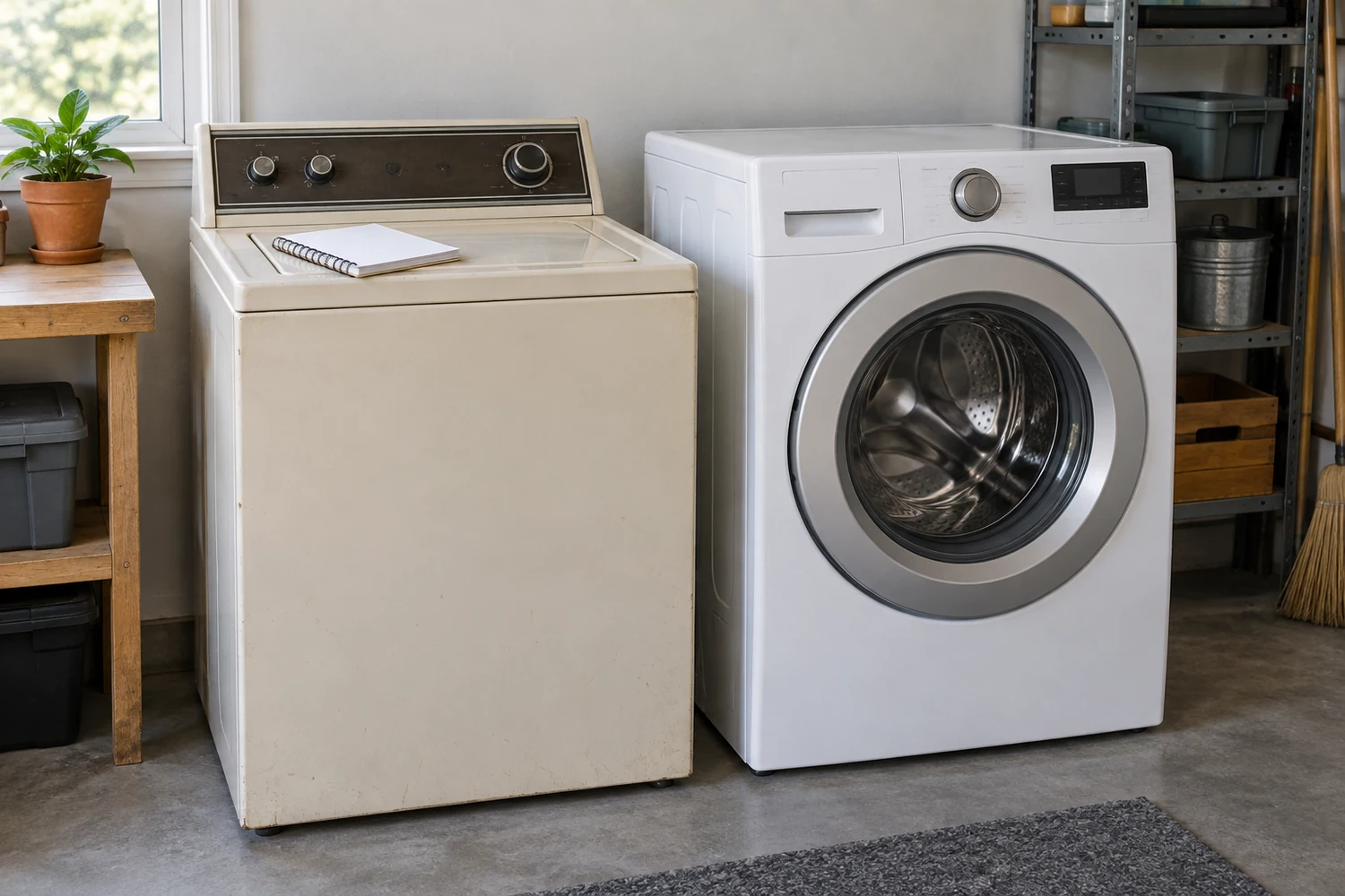 Older top-load washer standing beside a newer front-load washer